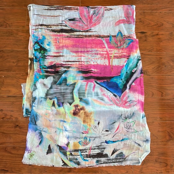 Banaris Blue and Pink Colorful Tropical Floral Scarf Wrap - Picture 5 of 7